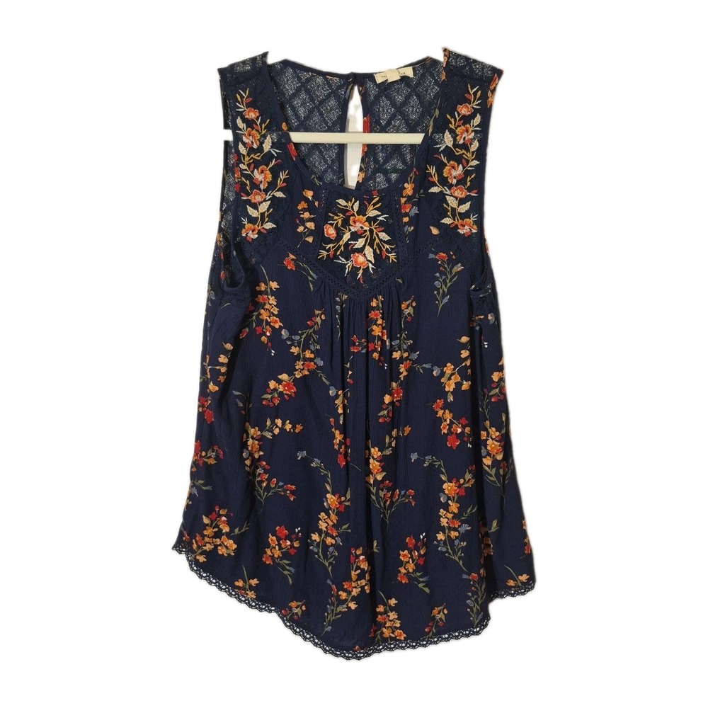 Mason & Belle Navy Floral Embroidered Lace Trim Blouse Top Large